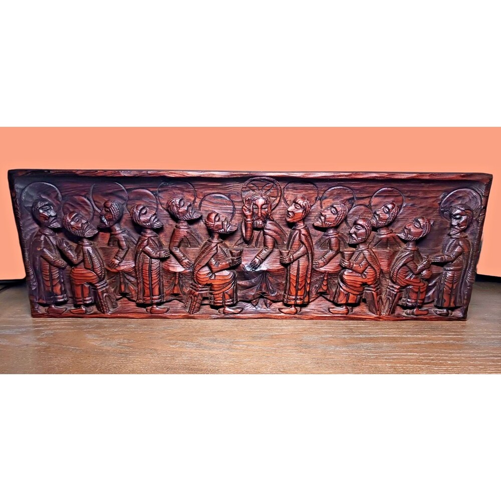Vtg African Last Supper Hand Carved 3D Solid Wood Wall Hanging Tribal Folk Art